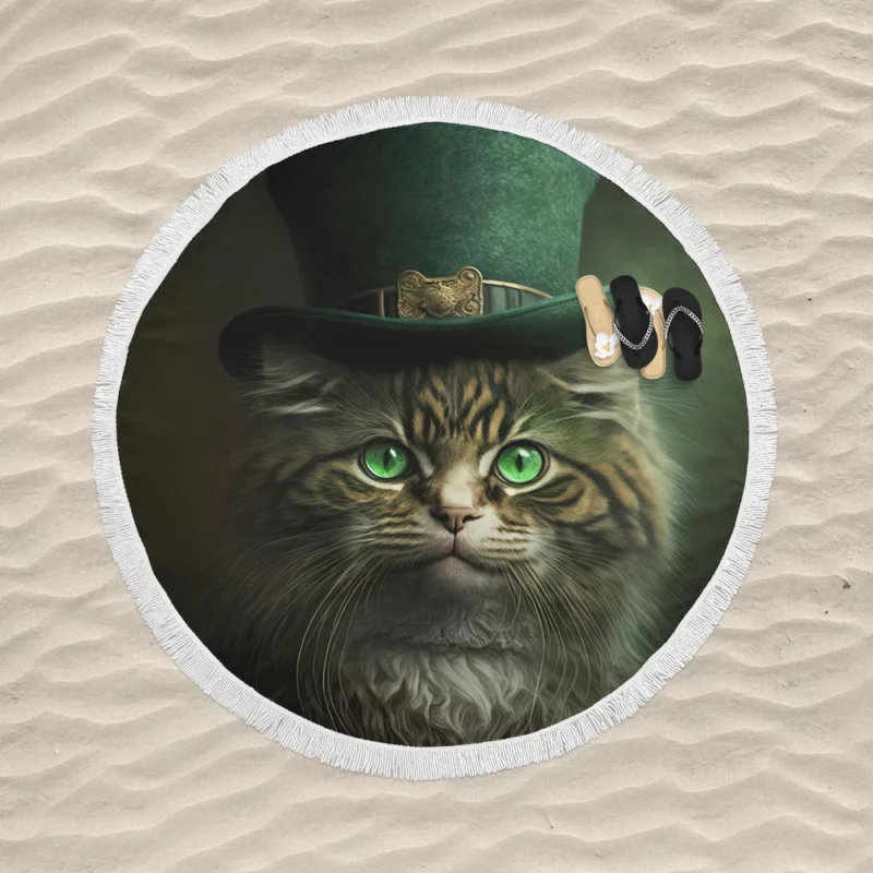 Irish Green Hat Cat for St Patrick's Day Round Beach Towel