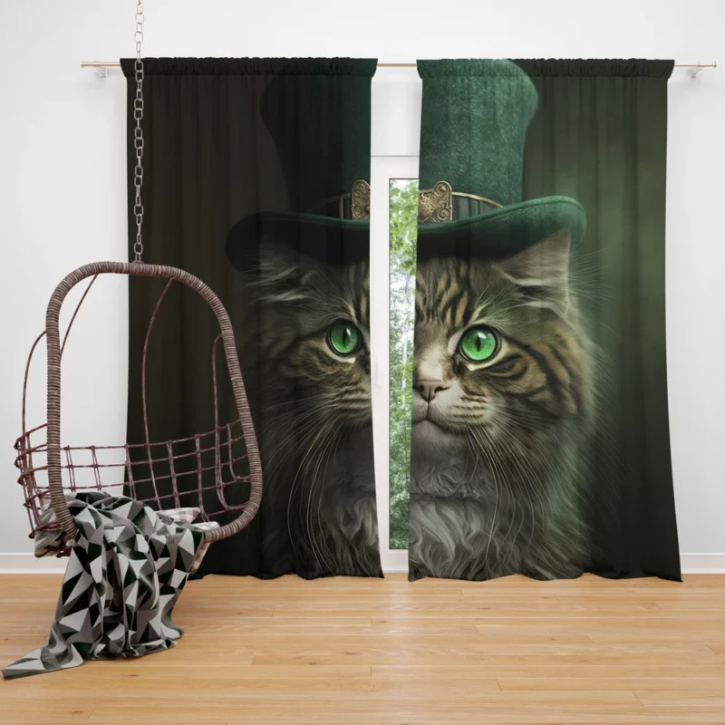 Irish Green Hat Cat for St Patrick's Day Window Curtain