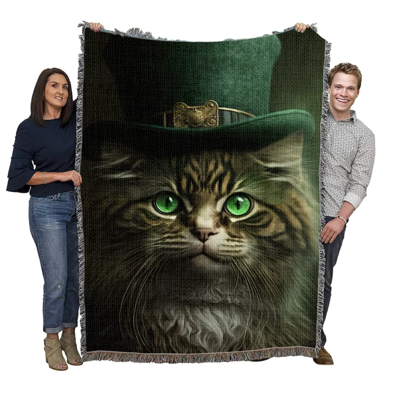 Irish Green Hat Cat for St Patricks Day Woven Blanket