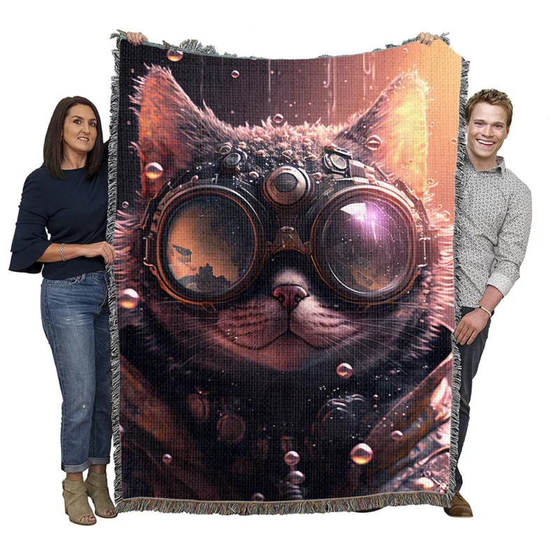 Jacket and Glasses Wearing Cat Woven Blanket