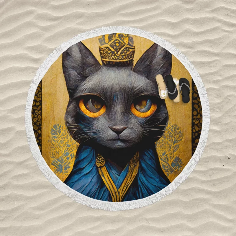 King Cat Medieval Portrait Round Beach Towel