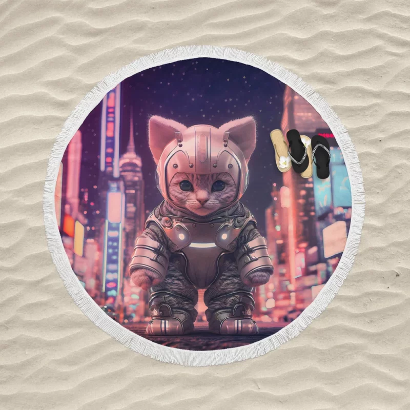 Kitten in Futuristic Robot Outfit Round Beach Towel