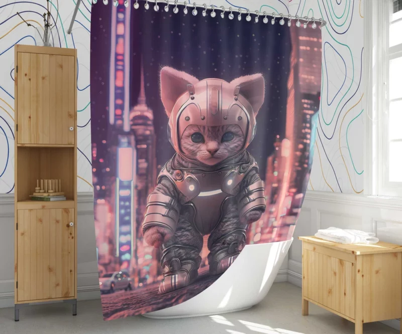 Kitten in Futuristic Robot Outfit Shower Curtain 1