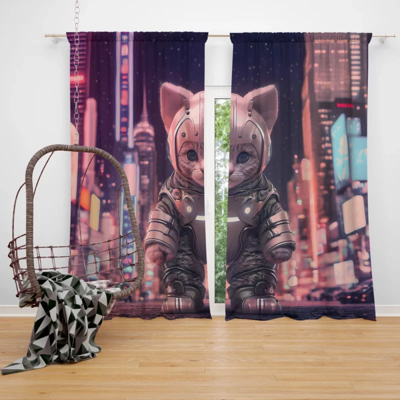 Kitten in Futuristic Robot Outfit Window Curtain