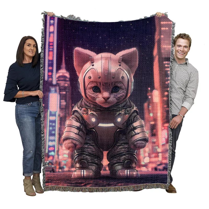 Kitten in Futuristic Robot Outfit Woven Blanket