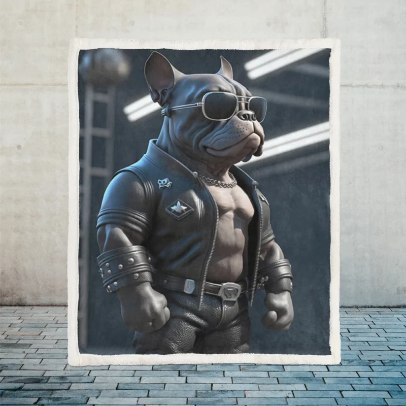 Leather Jacket Bulldog Sculpture Sherpa Fleece Blanket