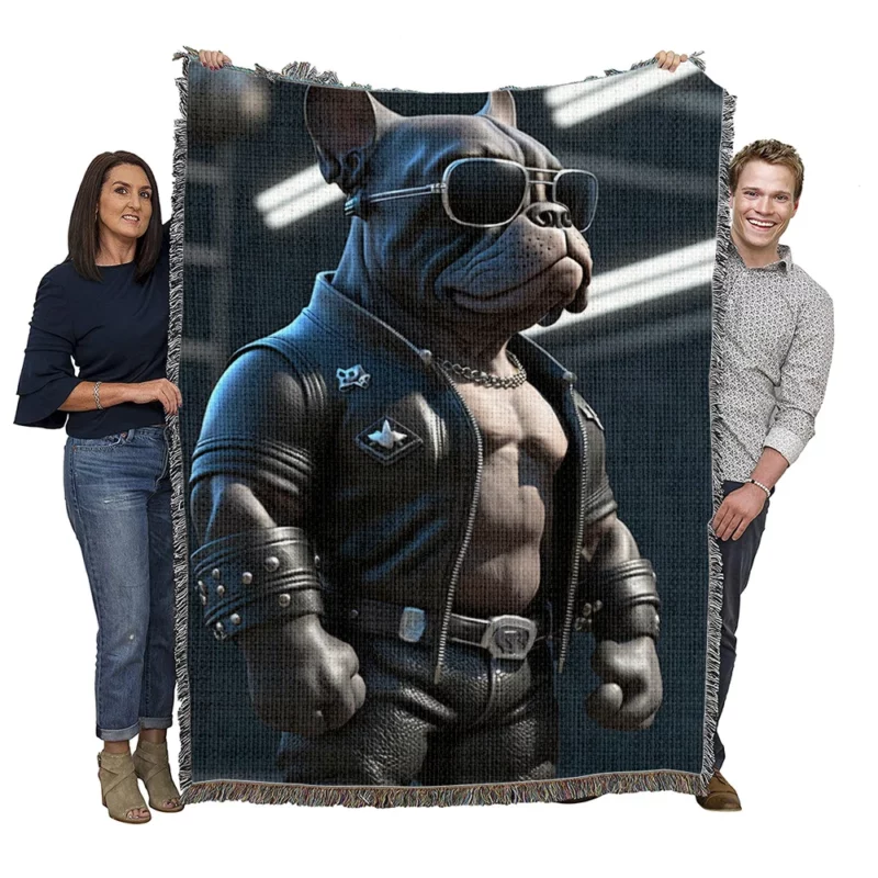 Leather Jacket Bulldog Sculpture Woven Blanket