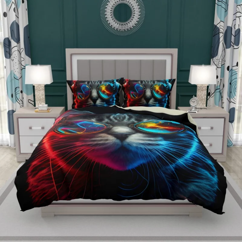 Modern Disco Cat in Black Neon Bedding Set 1