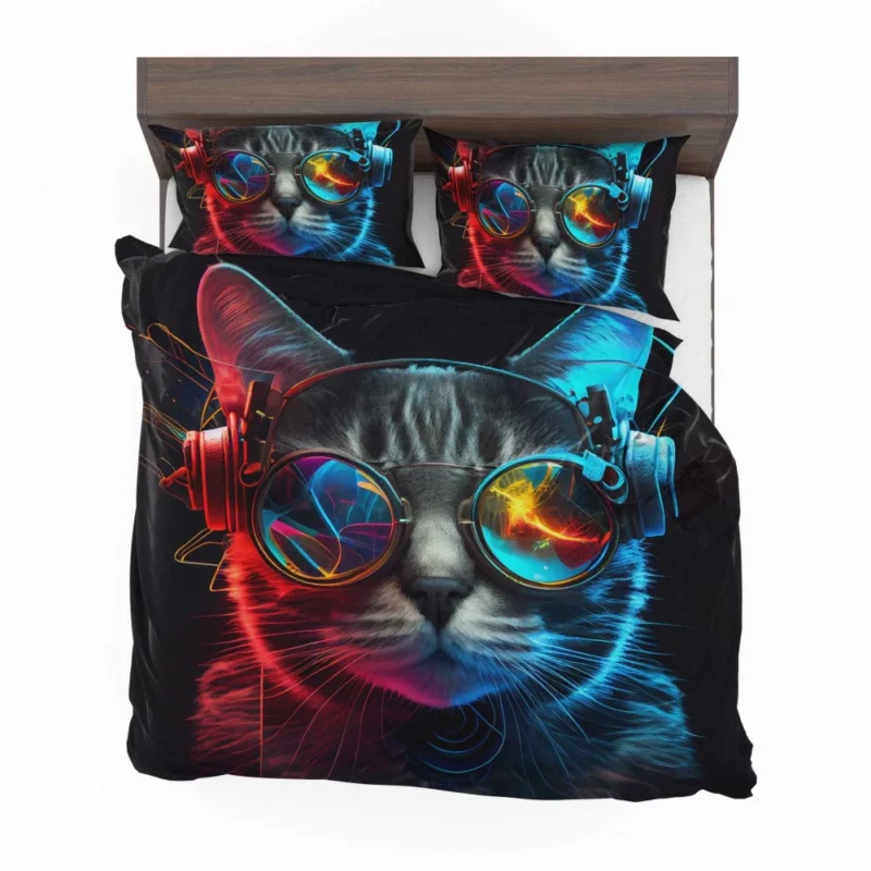 Modern Disco Cat in Black Neon Bedding Set 2