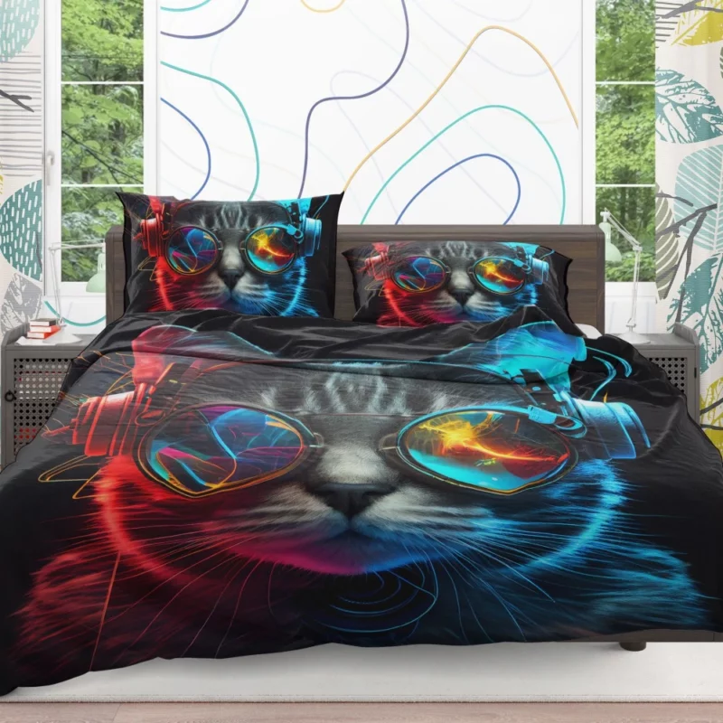 Modern Disco Cat in Black Neon Bedding Set