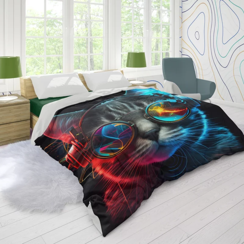 Modern Disco Cat in Black Neon Duvet Cover