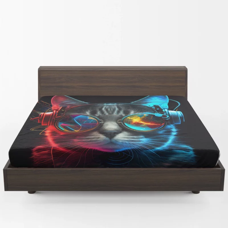 Modern Disco Cat in Black Neon Fitted Sheet 1