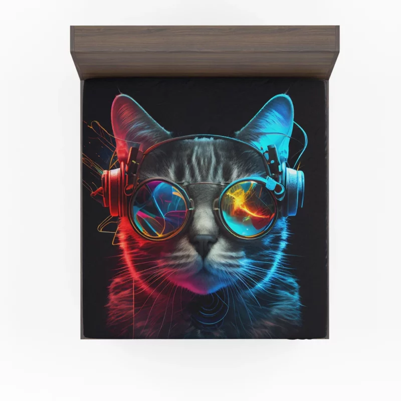 Modern Disco Cat in Black Neon Fitted Sheet