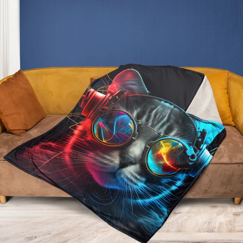 Modern Disco Cat in Black Neon Fleece Blanket 1