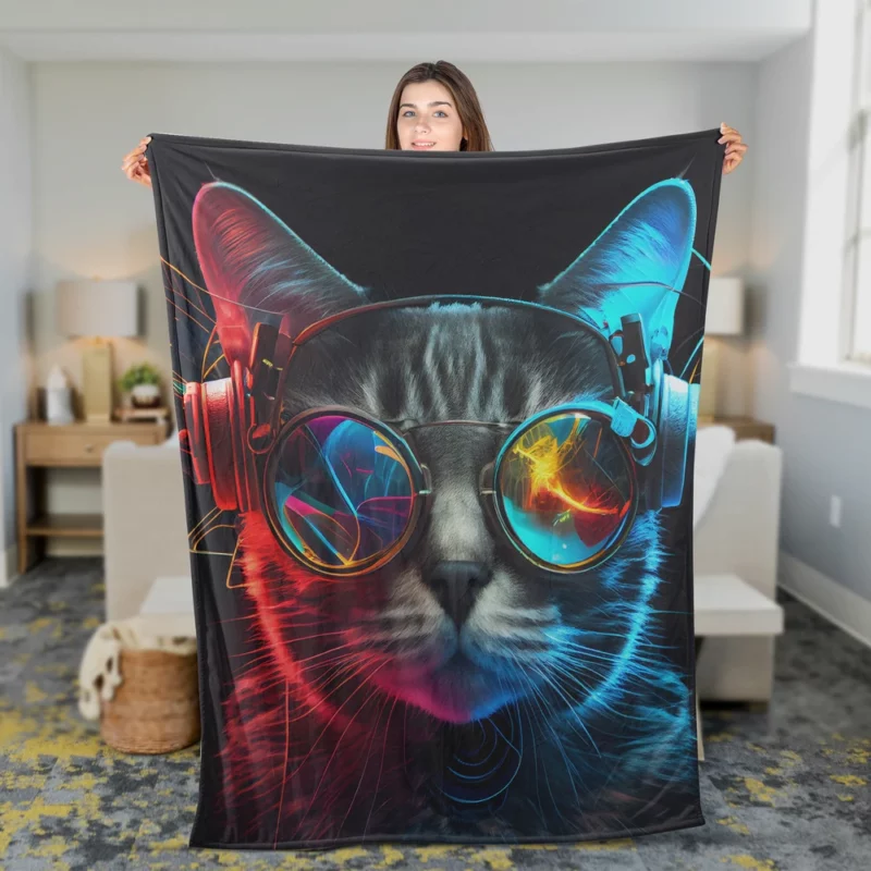 Modern Disco Cat in Black Neon Fleece Blanket 2