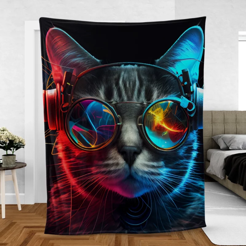 Modern Disco Cat in Black Neon Fleece Blanket