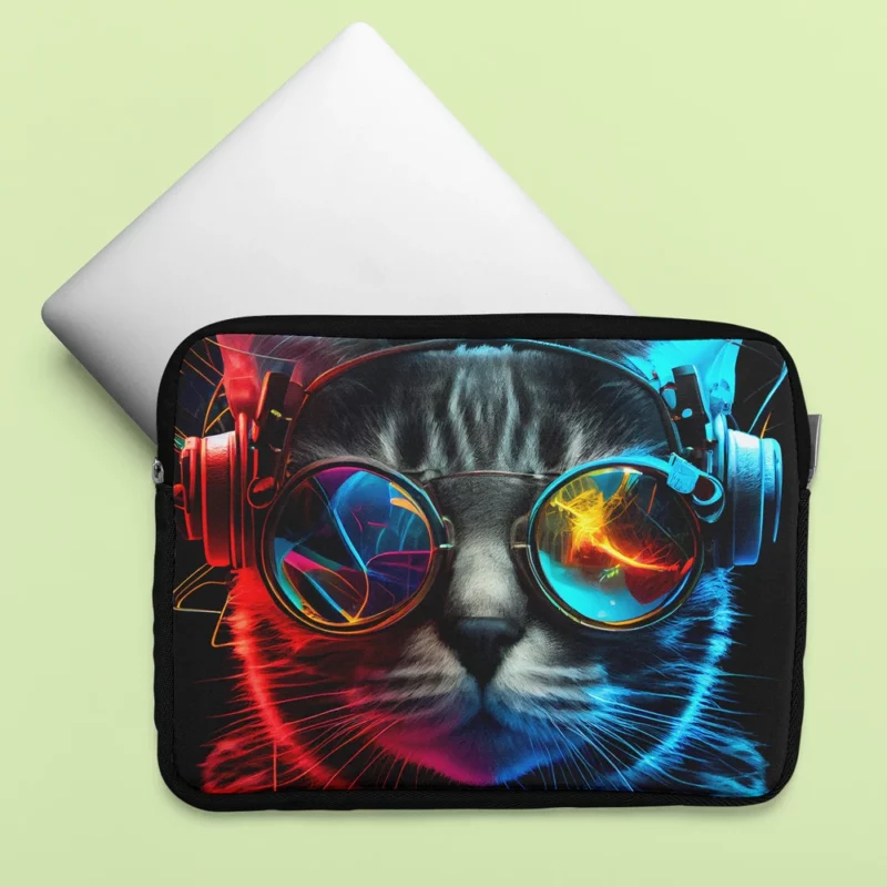 Modern Disco Cat in Black Neon Laptop Sleeve