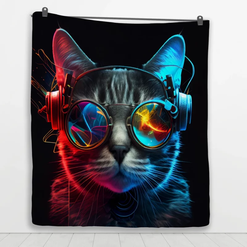 Modern Disco Cat in Black Neon Quilt Blanket 1