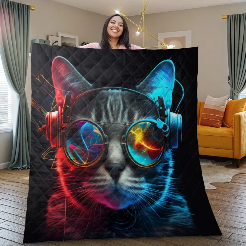 Modern Disco Cat in Black Neon Quilt Blanket