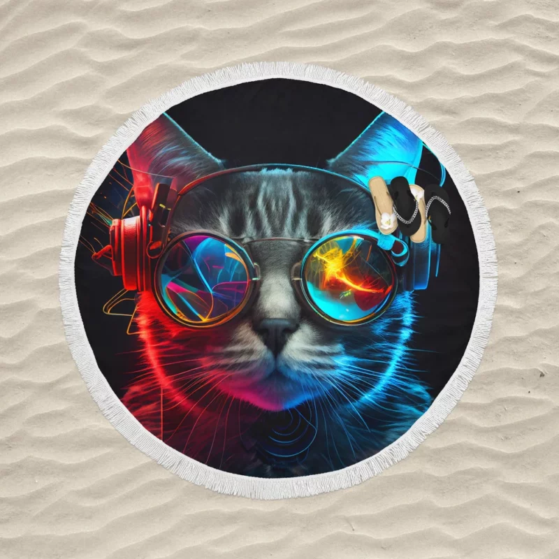 Modern Disco Cat in Black Neon Round Beach Towel