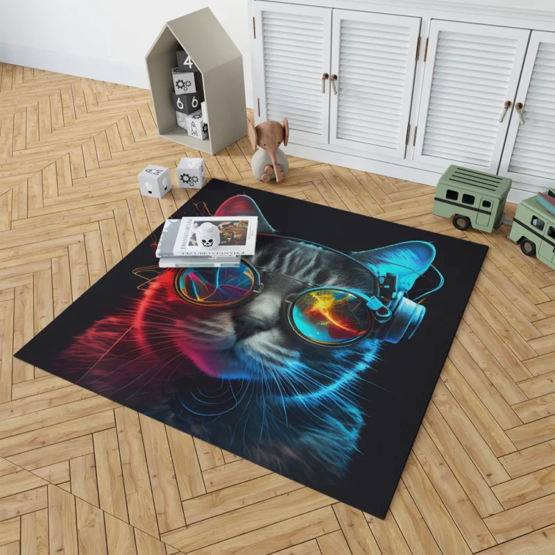 Modern Disco Cat in Black Neon Rug 1