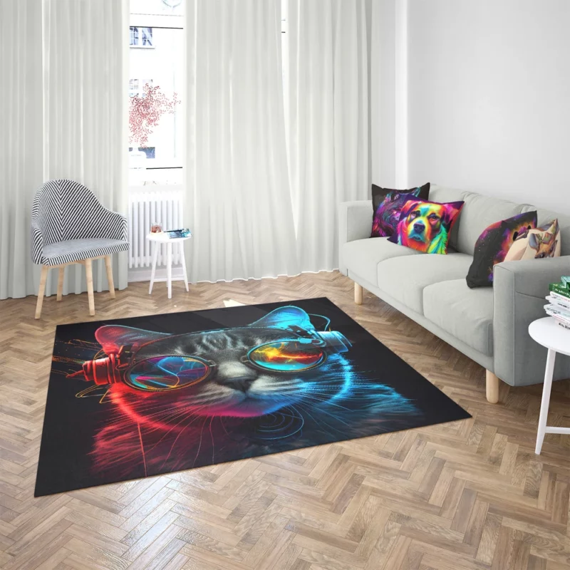 Modern Disco Cat in Black Neon Rug 2