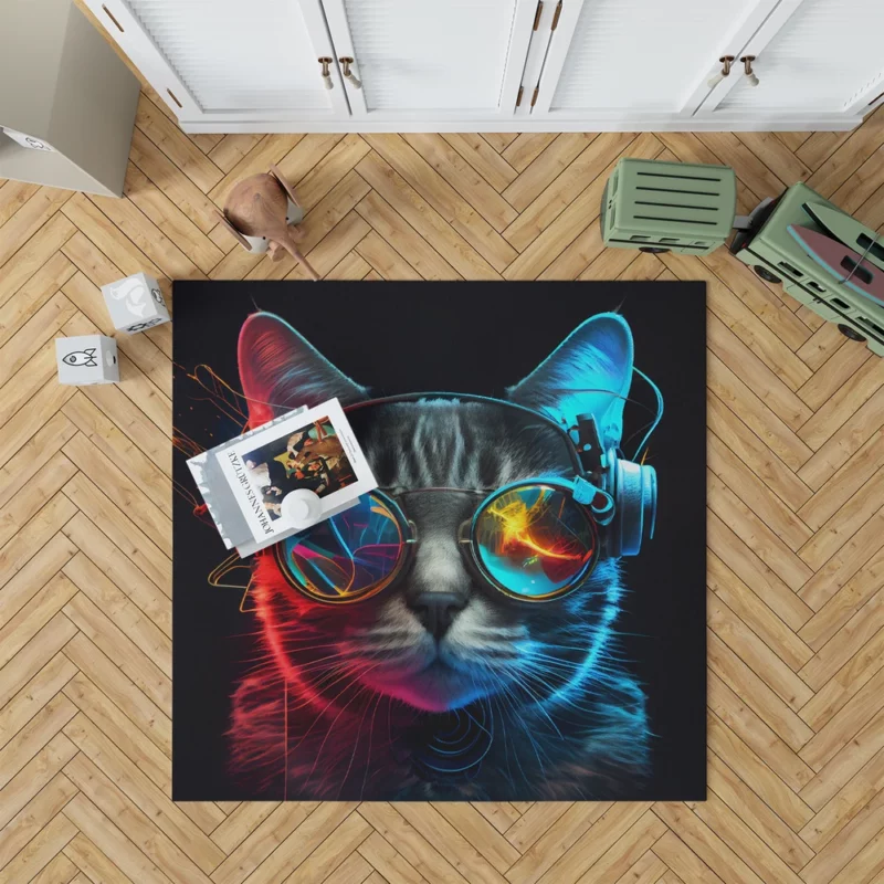 Modern Disco Cat in Black Neon Rug