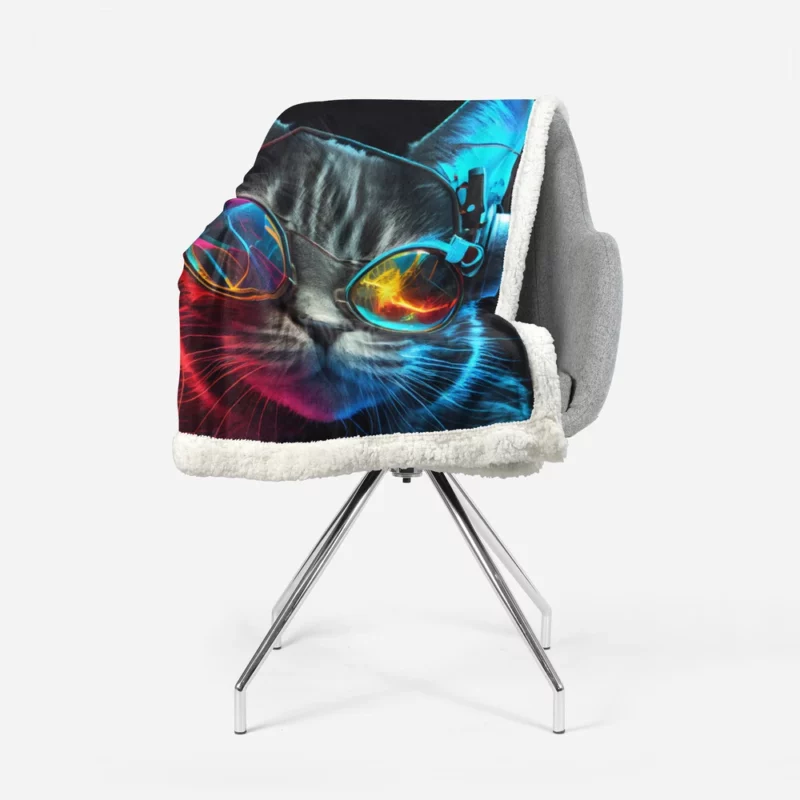 Modern Disco Cat in Black Neon Sherpa Fleece Blanket 1