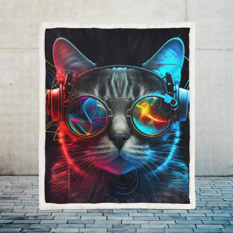 Modern Disco Cat in Black Neon Sherpa Fleece Blanket