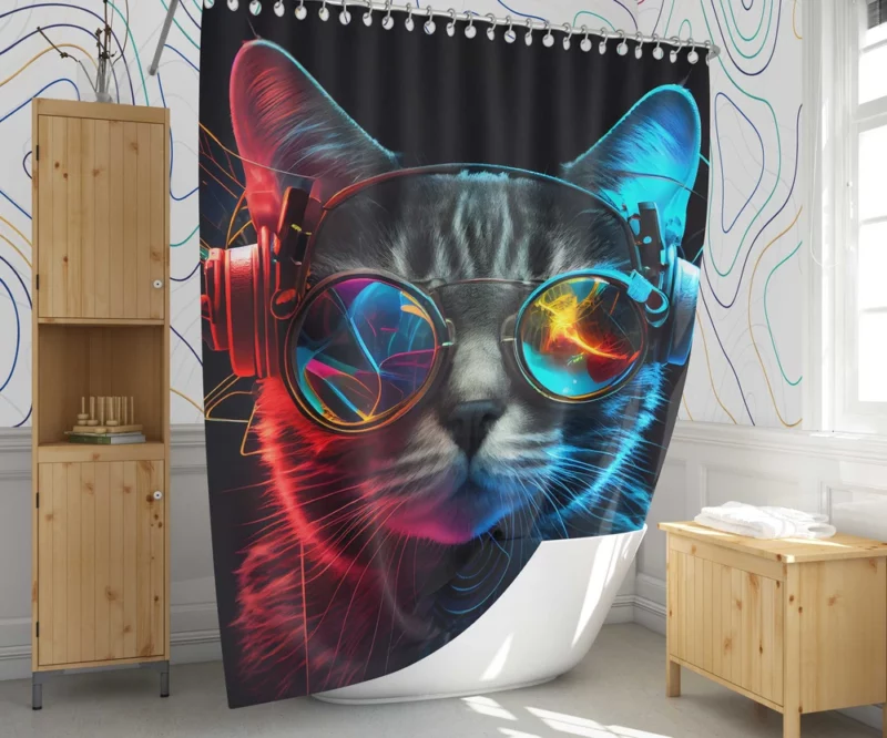 Modern Disco Cat in Black Neon Shower Curtain 1