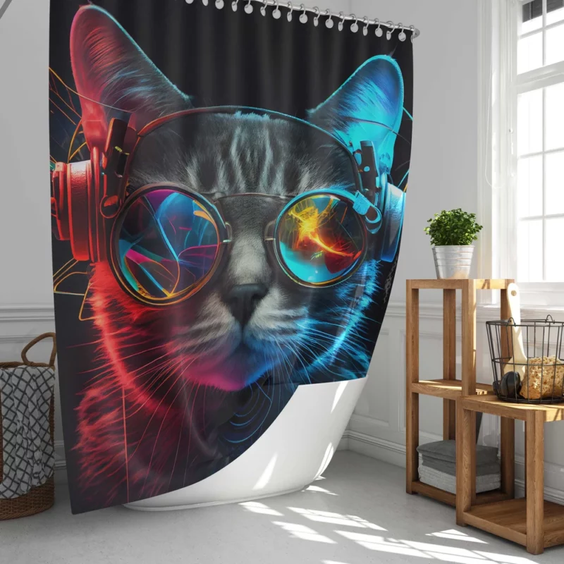 Modern Disco Cat in Black Neon Shower Curtain