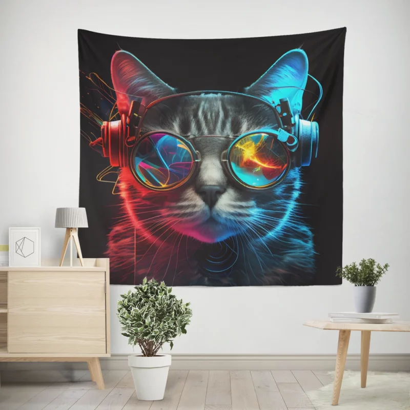 Modern Disco Cat in Black Neon Wall Tapestry