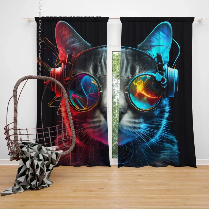 Modern Disco Cat in Black Neon Window Curtain