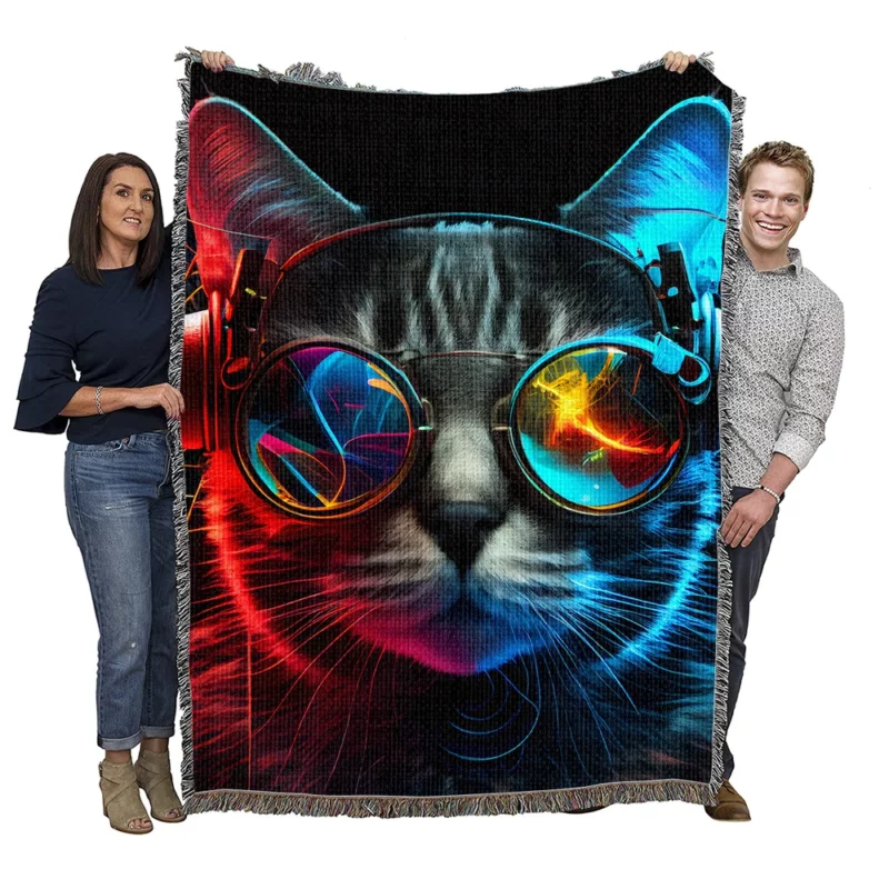 Modern Disco Cat in Black Neon Woven Blanket