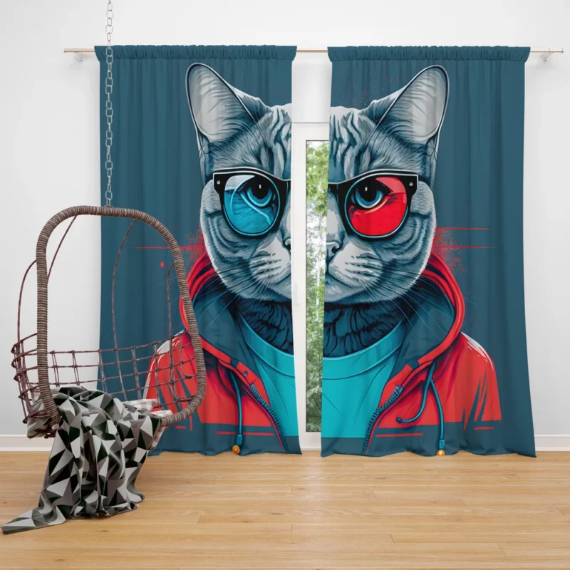 Modern Pop Art Cat Print Window Curtain