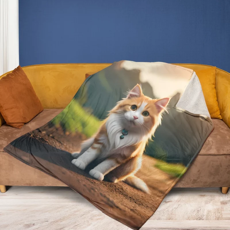 Mountain Cat Sitting on the Road Fleece Blanket 1