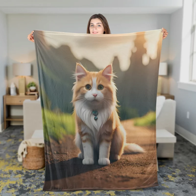 Mountain Cat Sitting on the Road Fleece Blanket 2