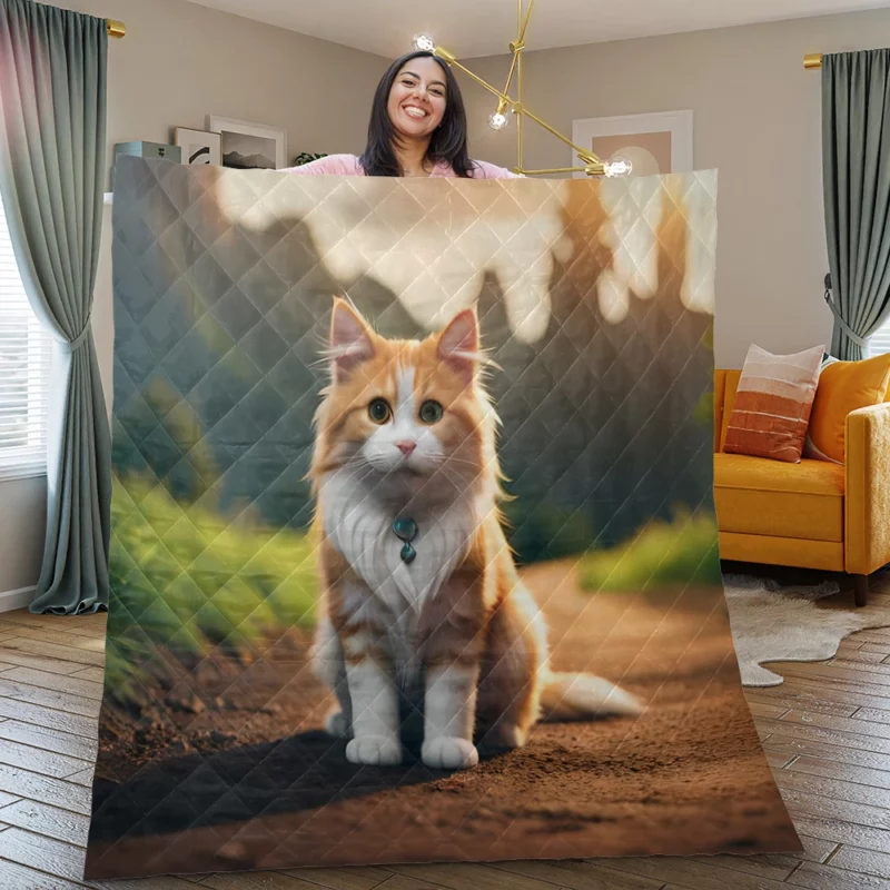 Mountain Cat Sitting on the Road Quilt Blanket