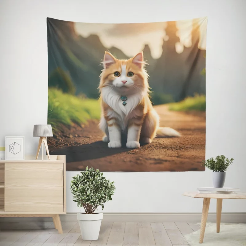 Mountain Cat Sitting on the Road Wall Tapestry