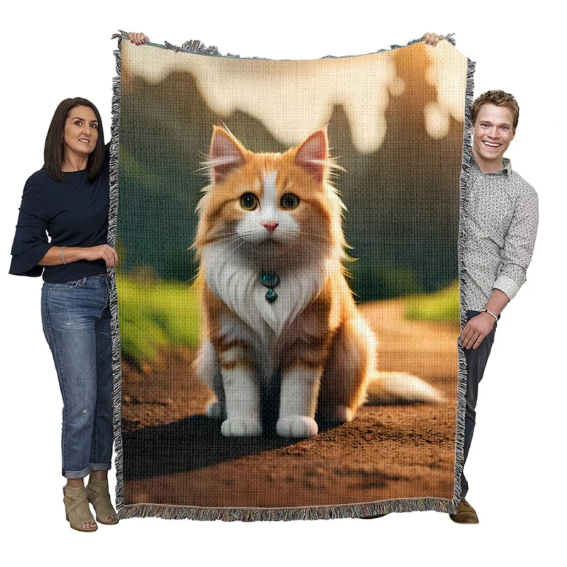 Mountain Cat Sitting on the Road Woven Blanket