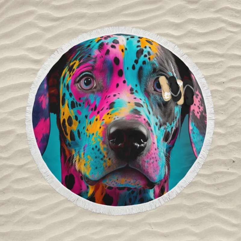 Multicolor Dalmatian Portrait Round Beach Towel