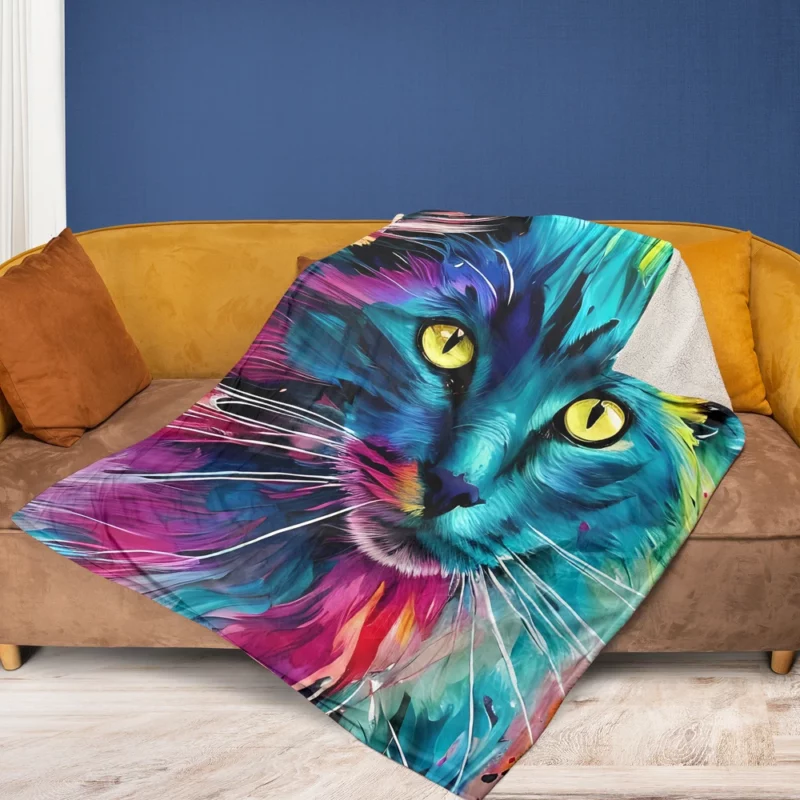 Multicolored Cat Portrait Fleece Blanket 1