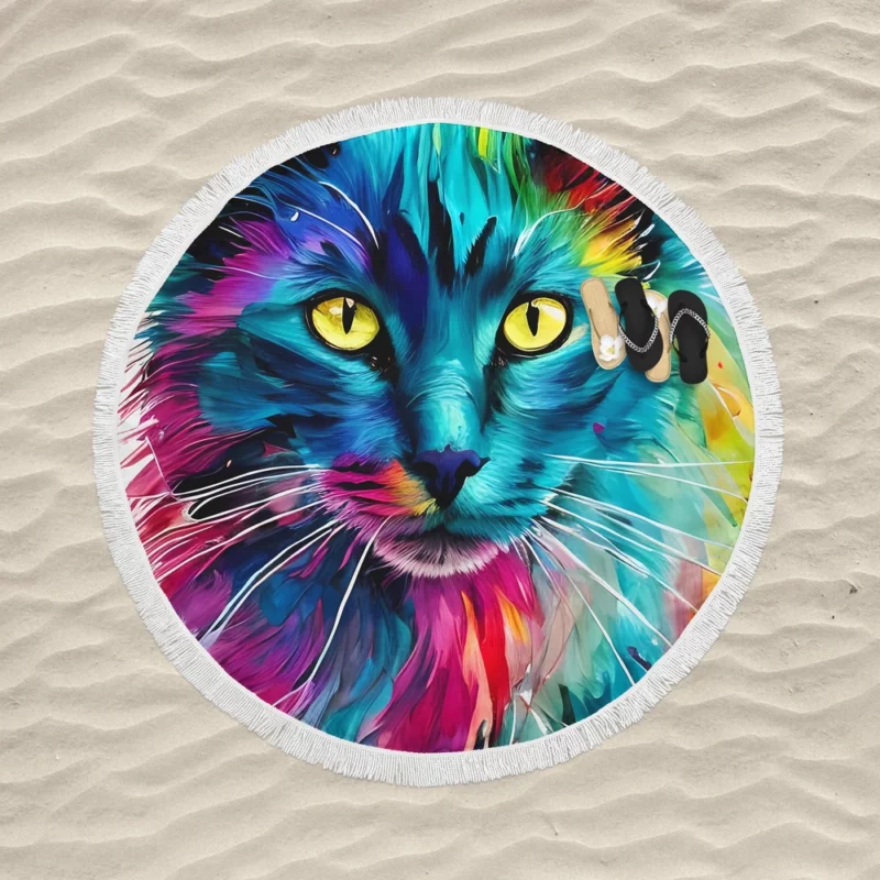 Multicolored Cat Portrait Round Beach Towel