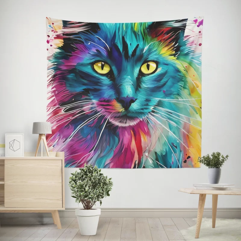 Multicolored Cat Portrait Wall Tapestry