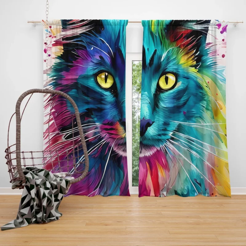 Multicolored Cat Portrait Window Curtain