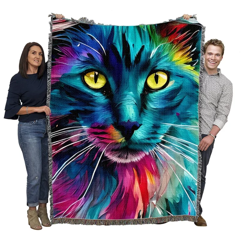 Multicolored Cat Portrait Woven Blanket