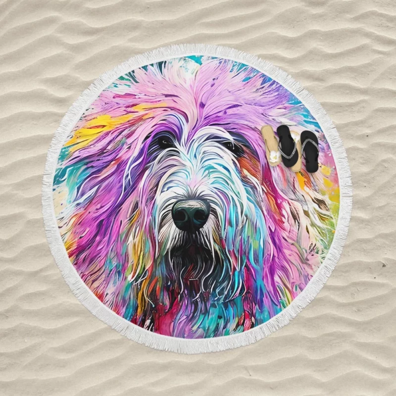 Multicolored Shaggy Sheepdog Round Beach Towel