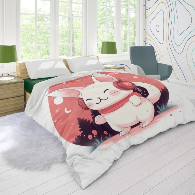 Music-Listening Cat with Red Scarf Duvet Cover