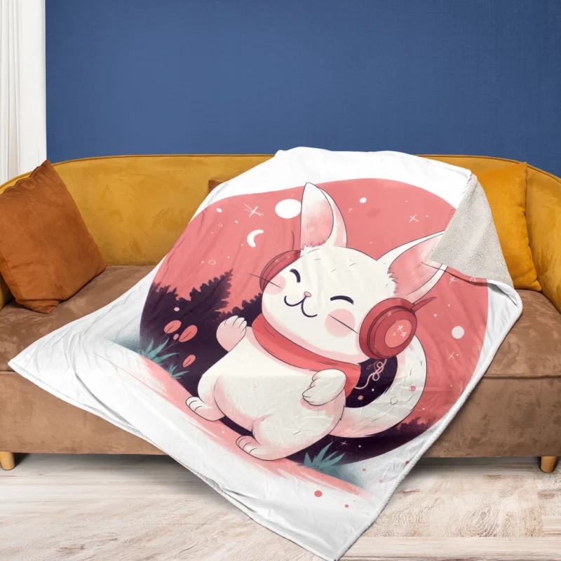 Music-Listening Cat with Red Scarf Fleece Blanket 1