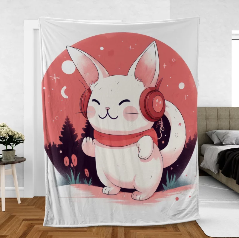 Music-Listening Cat with Red Scarf Fleece Blanket